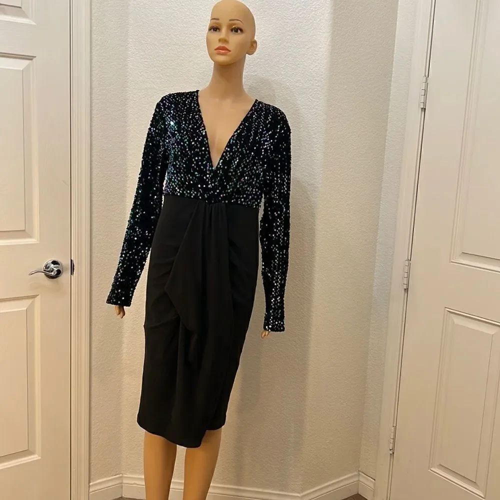 Made With Love Black Sequin Party Club Dress Medium V Neck Midi Long Sleeve New